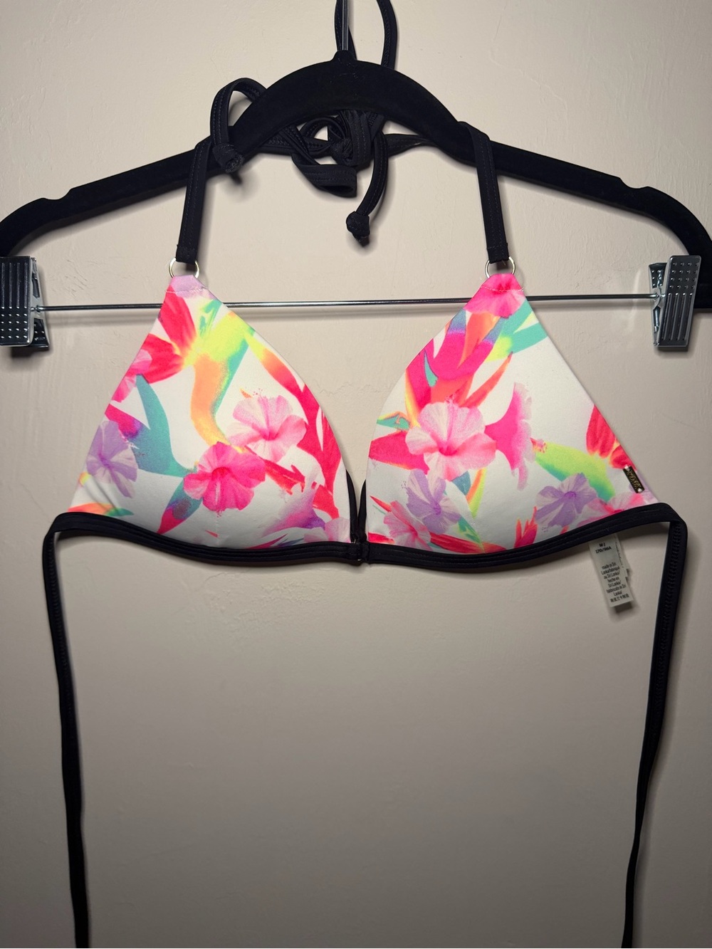 PINK Victoria's Secret Neon Floral Triangle Bikini Top - Black Trim
